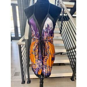 New Pleated Halter Dress Orange Purple Floral size S
